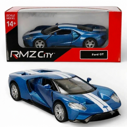 RMZ City Ford GT 1:32 Die-Cast Sports Car | Pull Back & Go | Openable Doors | Blue / Grey Variants