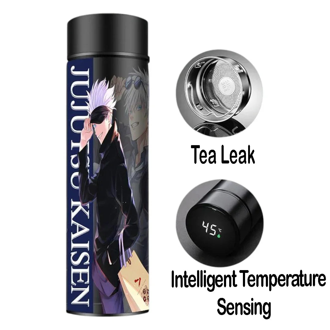 Jujutsu Kaisen Satoru Gojo 500ml Stainless Steel Vacuum Flask with LED Temperature Display & Tea Strainer – Black & Purple