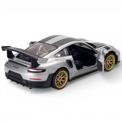 MSZ 1:32 Porsche 911 GT2 RS Die-Cast Model Car – Grey | Pull Back, Openable Doors, Light & Sound (68705)