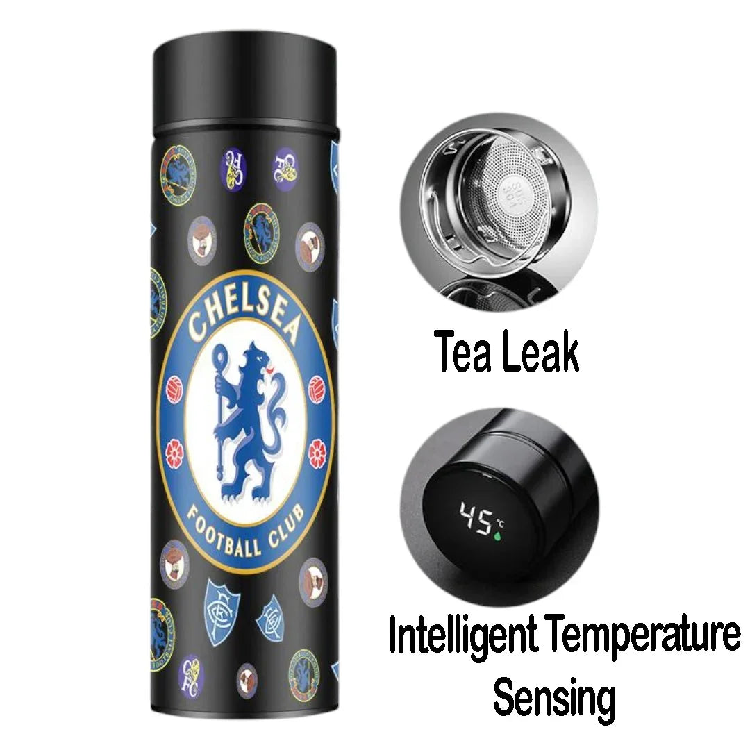 Chelsea Football Club 500ml Stainless Steel Vacuum Flask with LED Temperature Display & Tea Strainer – Insulated Thermos for Hot & Cold Drinks