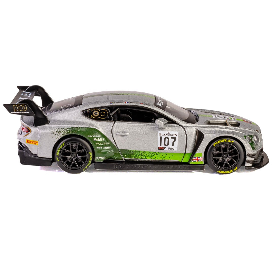 RMZ Hobby 1:32 Bentley Continental GT3 Die-Cast Model Car – Silver with Openable Doors, Light & Sound (664998)