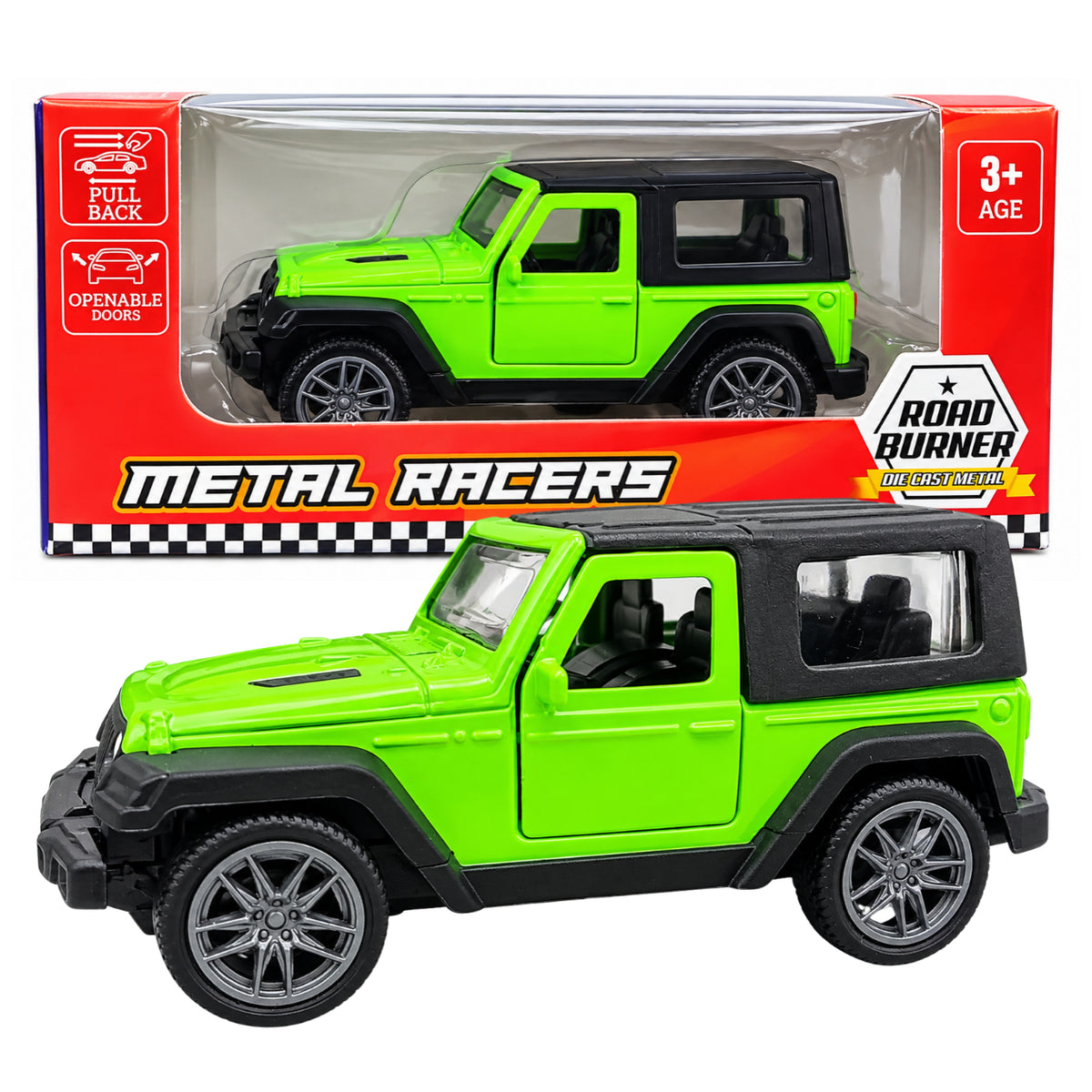 Road Burner Metal Racers Die-Cast Metal SUV Toy Car – Green Off-Road Jeep Style Model with Pull Back Action, Openable Doors & Realistic Detailing | Toy Vehicle for Kids Ages 3+