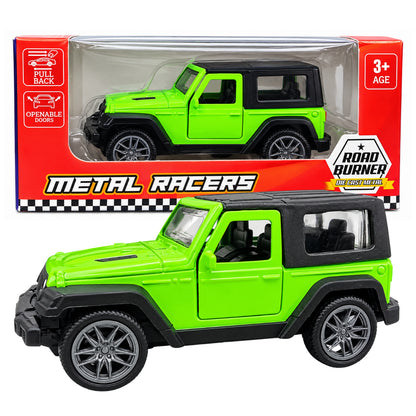 Road Burner Metal Racers Die-Cast Metal SUV Toy Car – Green Off-Road Jeep Style Model with Pull Back Action, Openable Doors & Realistic Detailing | Toy Vehicle for Kids Ages 3+