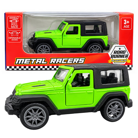 Road Burner Metal Racers Die-Cast Metal SUV Toy Car – Green Off-Road Jeep Style Model with Pull Back Action, Openable Doors & Realistic Detailing | Toy Vehicle for Kids Ages 3+