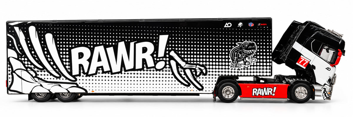 Maxwell 1:64 Scania S730 RAWR! Racing Team #77 Enclosed Transporter Truck Diecast Model – Black, White & Red