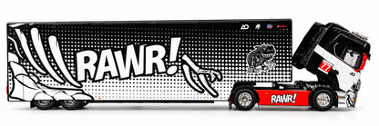Maxwell 1:64 Scania S730 RAWR! Racing Team #77 Enclosed Transporter Truck Diecast Model – Black, White & Red