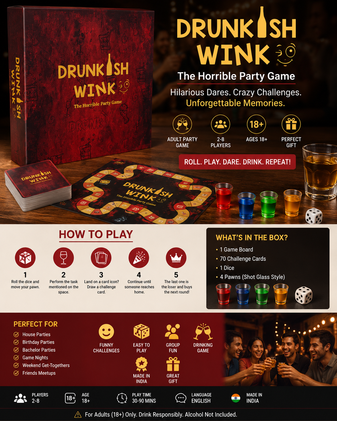 Drunkish Wink - Adult Party Board Game | Dare, Challenge & Drinking Game for House Parties | 2-8 Players | Ages 18+