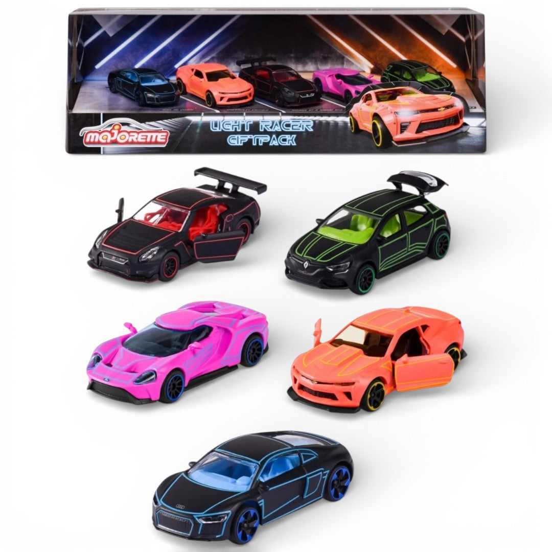 Majorette Light Racer Diecast Car Gift Pack – Set of 5 Neon Style Metal Cars | 1:64 Scale Collectible Vehicles with Opening Parts