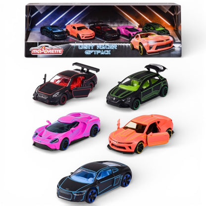Majorette Light Racer Diecast Car Gift Pack – Set of 5 Neon Style Metal Cars | 1:64 Scale Collectible Vehicles with Opening Parts