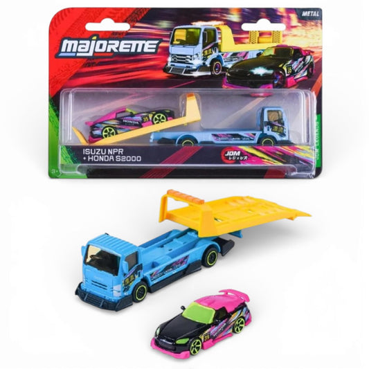 Majorette  1:64 JDM Legends Honda S2000 & Isuzu NPR Diecast Transporter Set | Metal Car & Truck Combo