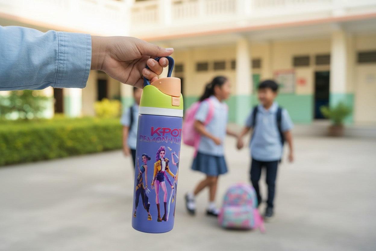 K-Pop Demon Hunters 800ml Stainless Steel Kids Water Bottle with Straw, Flip-Top Lid & Carry Handle – Purple