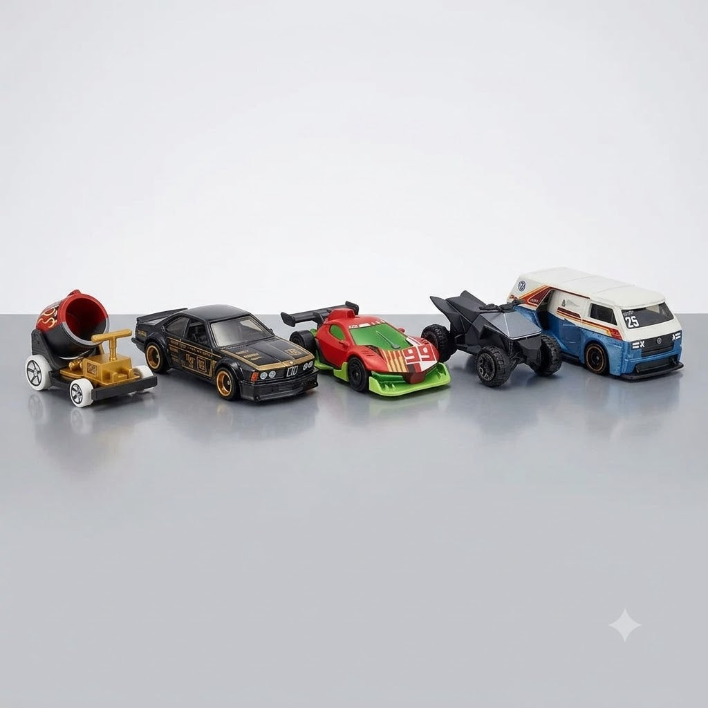 Hot Wheels 1:64 Scale 5-Car Diecast Set – BMW 635 CSi, Boom Car, VW T3 Custom, Tesla Cyberquad & Punk Rod