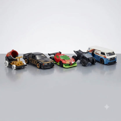 Hot Wheels 1:64 Scale 5-Car Diecast Set – BMW 635 CSi, Boom Car, VW T3 Custom, Tesla Cyberquad & Punk Rod