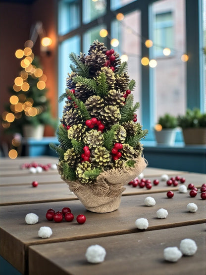 Mini Pinecone Christmas Tree 35cm | Tabletop Decoration with Red Berries & Jute Base – Holiday Accent Décor