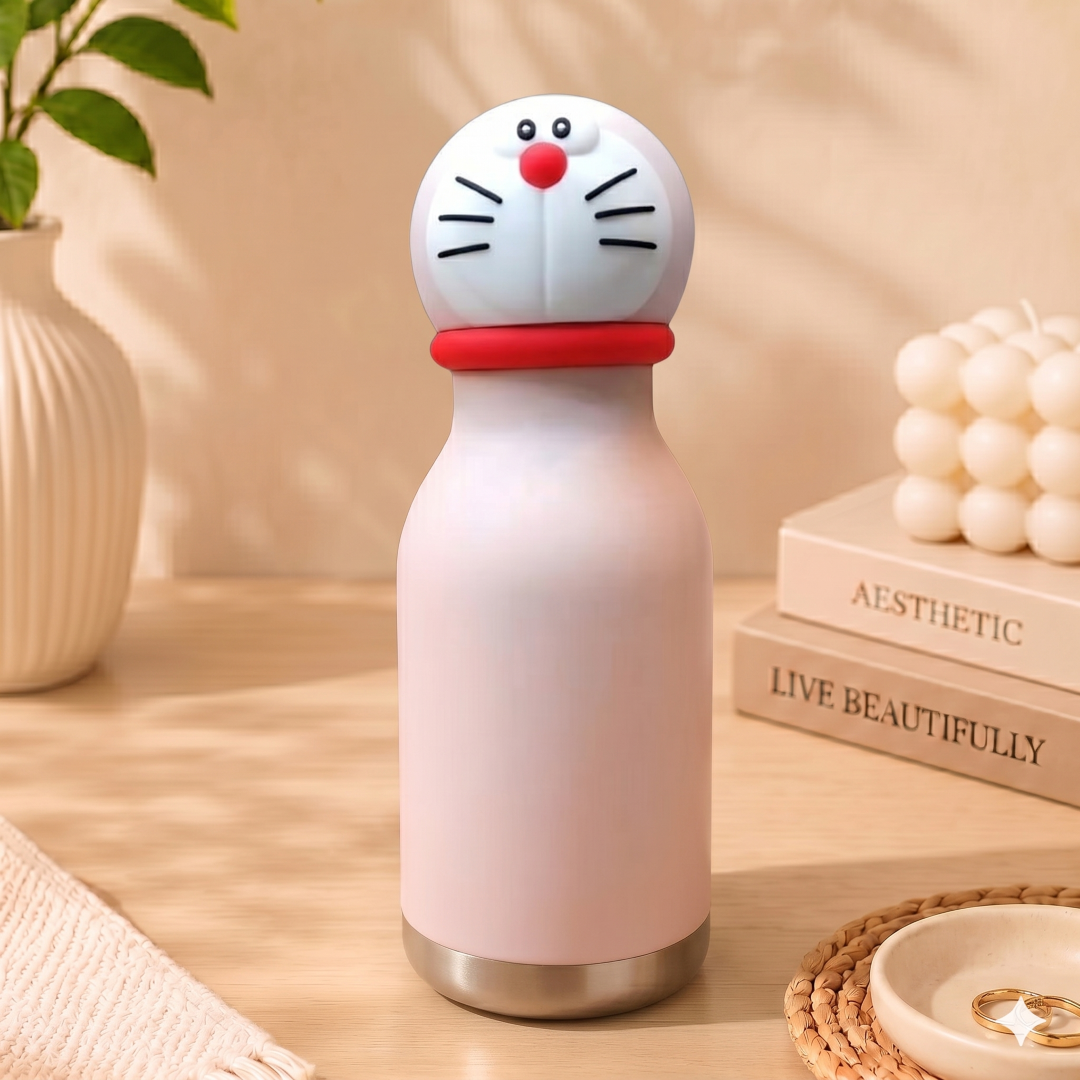 Afresh 365 Doraemon Character Head 450ml Insulated Stainless Steel Kids Water Bottle with Straw | 16oz Vacuum Flask With 2 Colour Variants