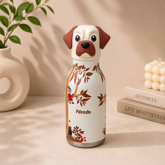 AFRESH 365 Animal Head Collection Puppy Stainless Steel Vacuum Insulated Water Bottle 450ml (16oz) with Straw, Cleaning Brush & Carry Strap