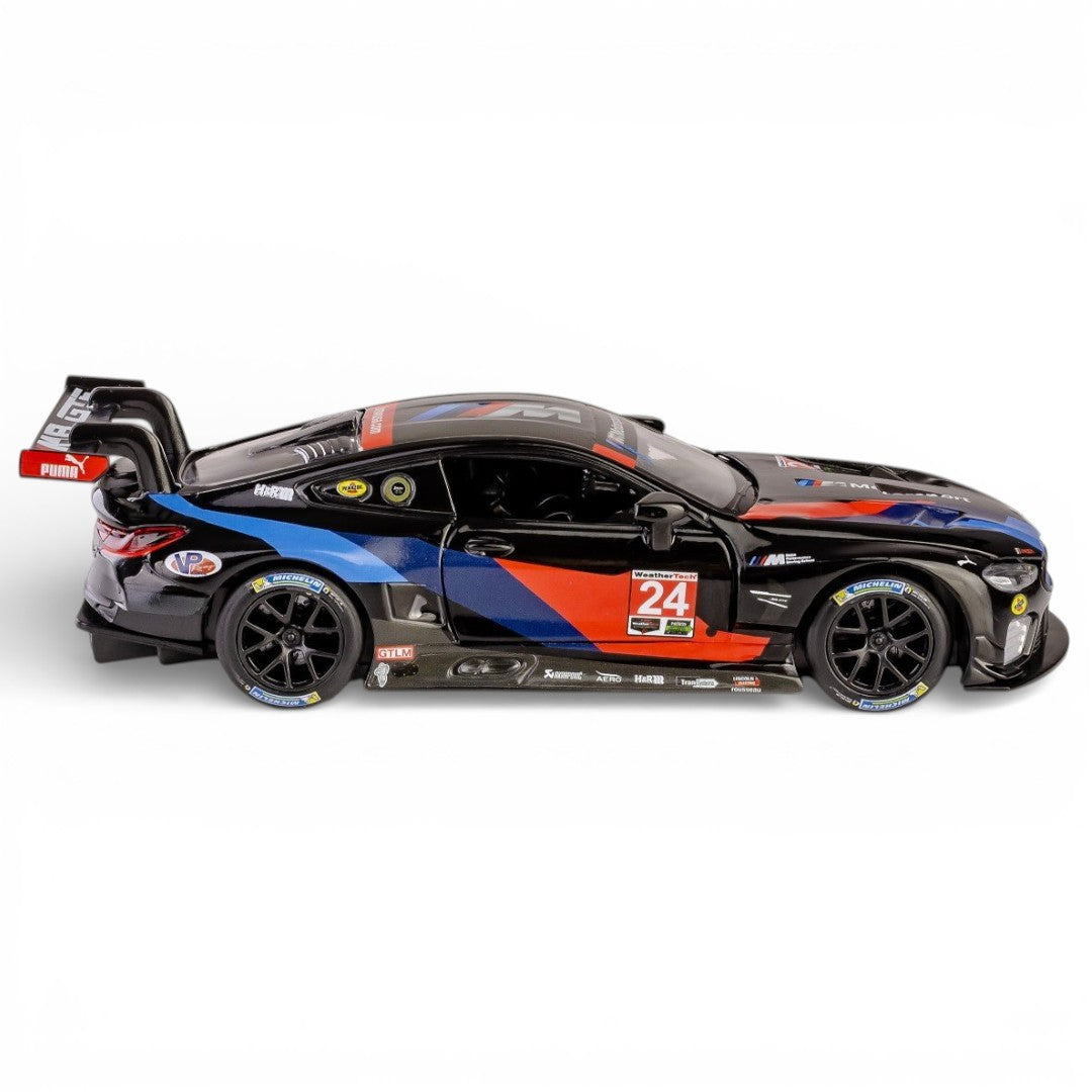 RMZ Hobby 1:32 BMW M8 GTE Die-Cast Model Car – Black |Pull Back, Openable Doors, Light & Sound (664996)
