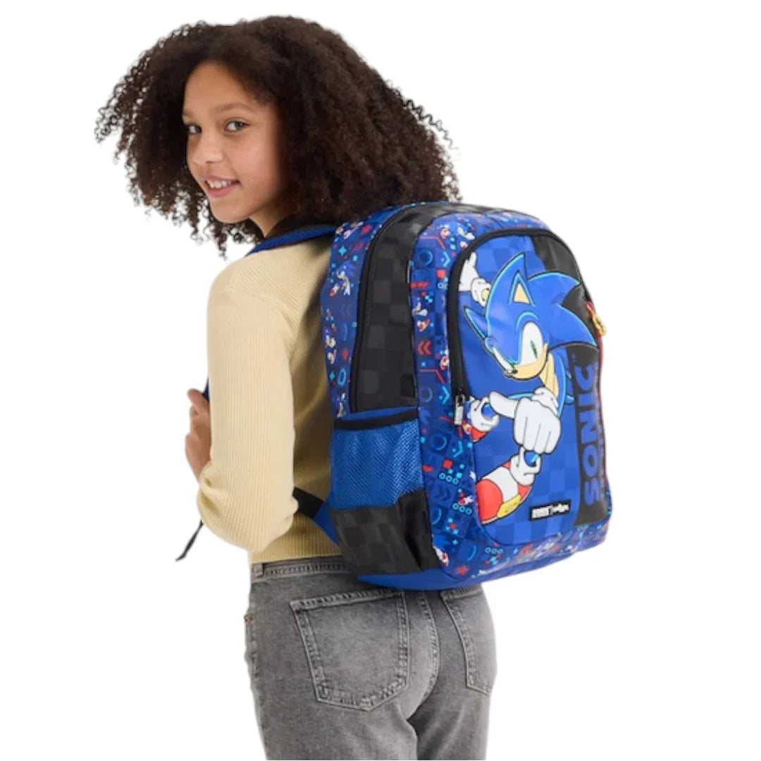 Smiggle Sonic the Hedgehog Classic School Backpack – 16 Inch Kids Bag with Laptop Sleeve, Zippered Compartments & Dual Bottle Holders