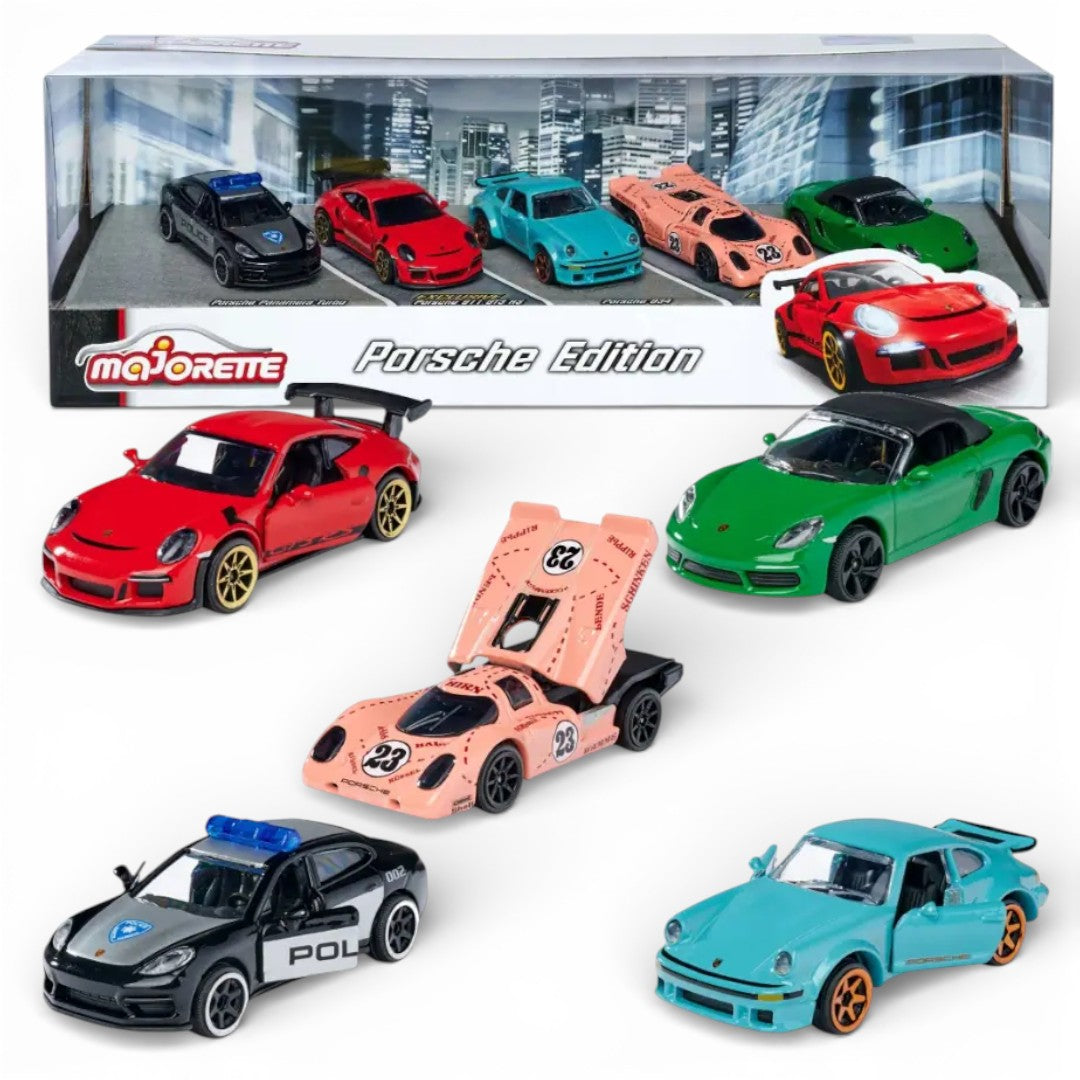 Majorette Porsche Edition Diecast Car Gift Pack – Set of 5 Porsche Model Cars | Premium Metal Collectible Vehicles with Opening Parts