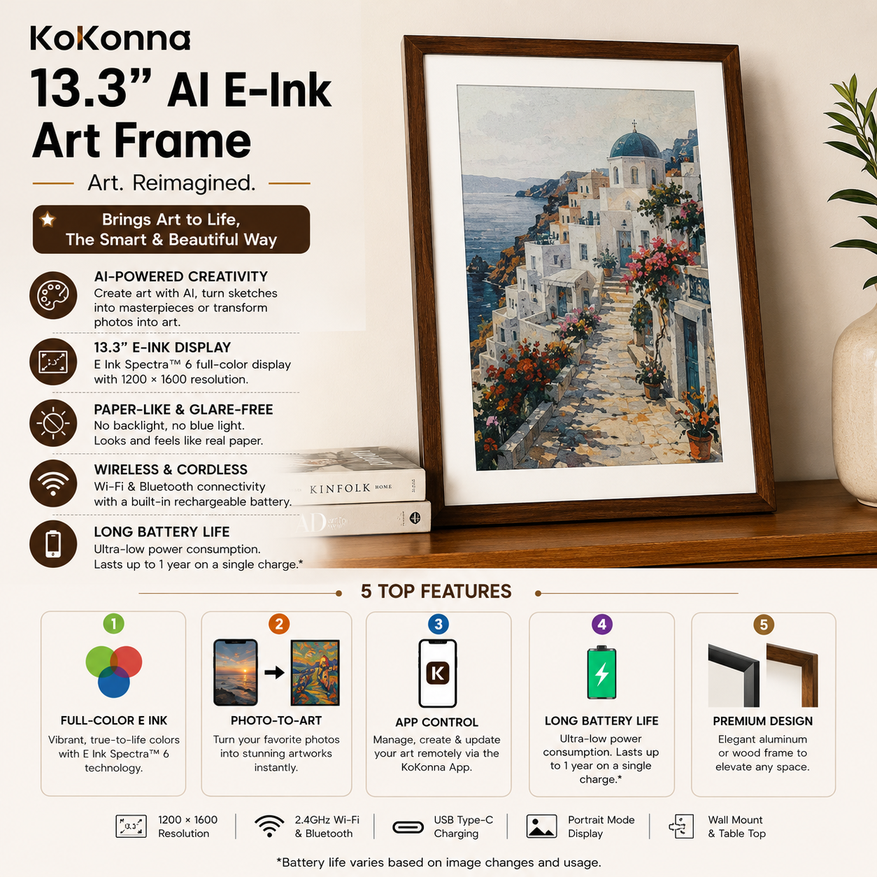 KoKonna 13.3″ AI E-Ink Art Frame | E Ink Spectra 6 Full-Color Display, 1200×1600 Resolution, Wireless AI Art & Photo Frame, Glare-Free Paper-Like Display, App & Voice Control, Long Battery Life