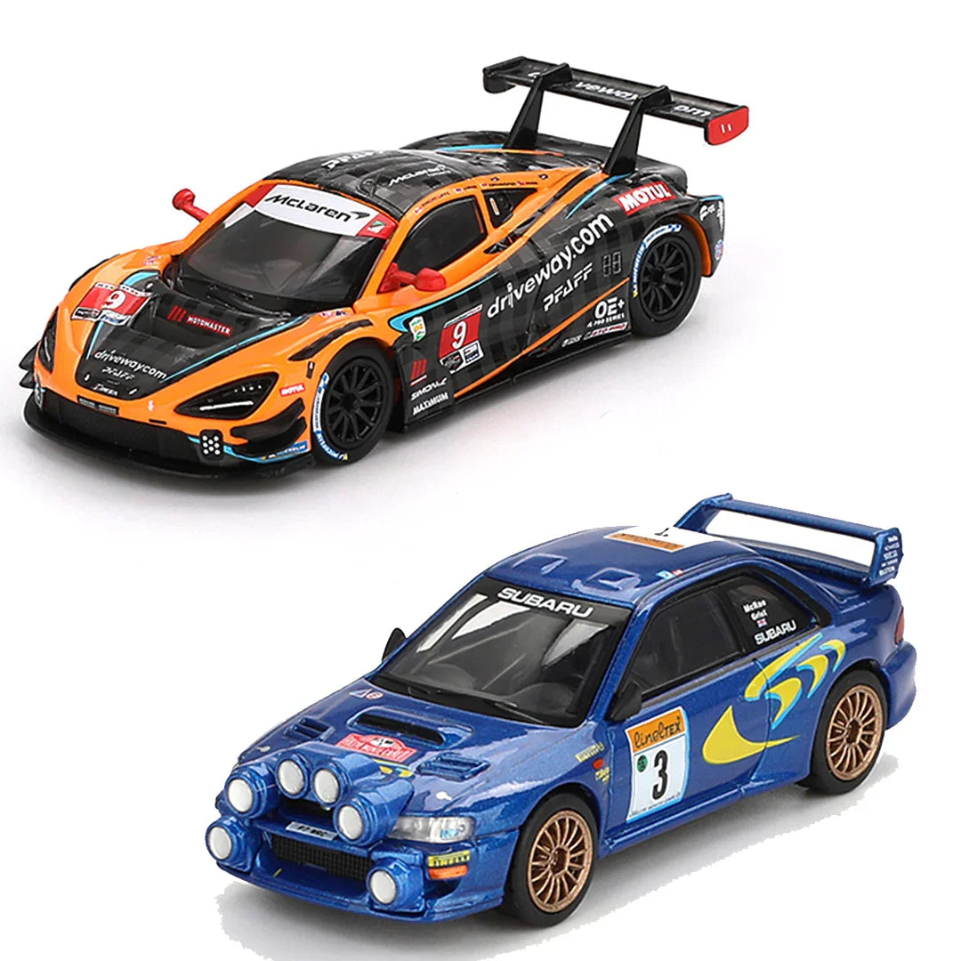 Mini GT 1:64 McLaren 720S GT3 EVO 2024 Pfaff Motorsports + Subaru Impreza WRC98 #3 Rally Monte Carlo – Set of 2 Diecast Cars