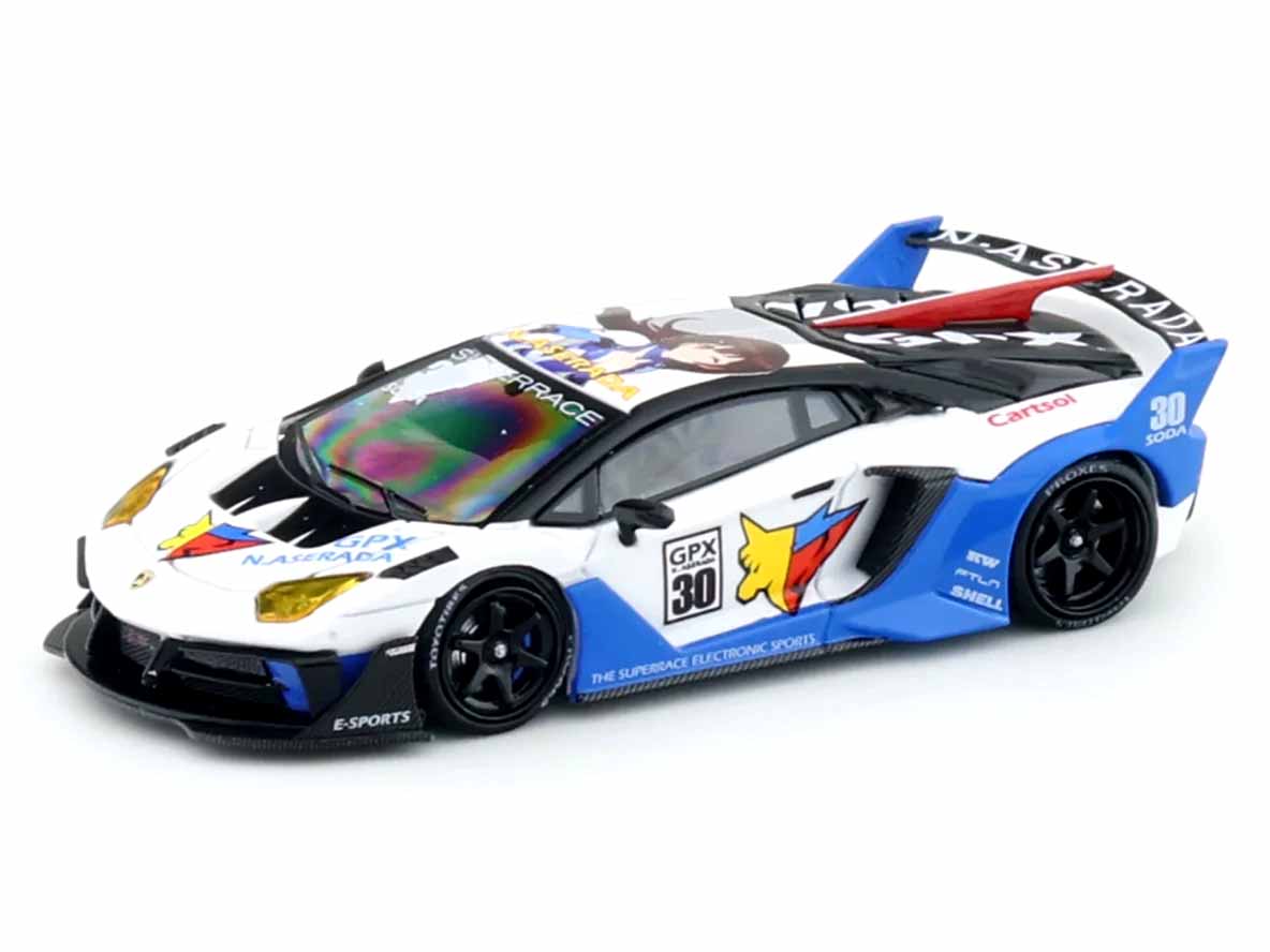 CoolCar Lamborghini Aventador GPX #30 1:64 Scale Die-Cast Model Car | White & Blue Racing Livery Collectible with Display Case