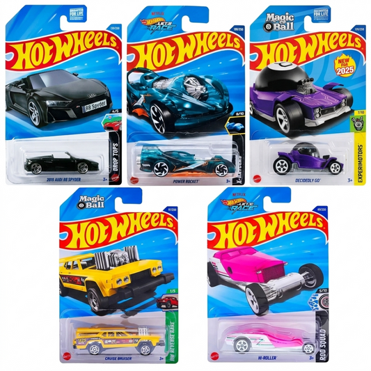 Hot Wheels 5-Car Die-Cast Set  1:64 Scale– 2019 Audi R8 Spyder + Cruise Bruiser HW Reverse Rake + Hi-Roller + Power Rocket X-Raycers + Decidely Go |  Collectible Cars