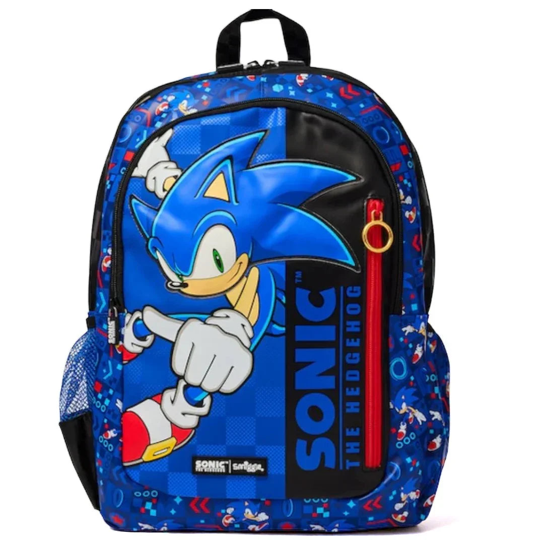 Smiggle Sonic the Hedgehog Classic School Backpack – 16 Inch Kids Bag with Laptop Sleeve, Zippered Compartments & Dual Bottle Holders