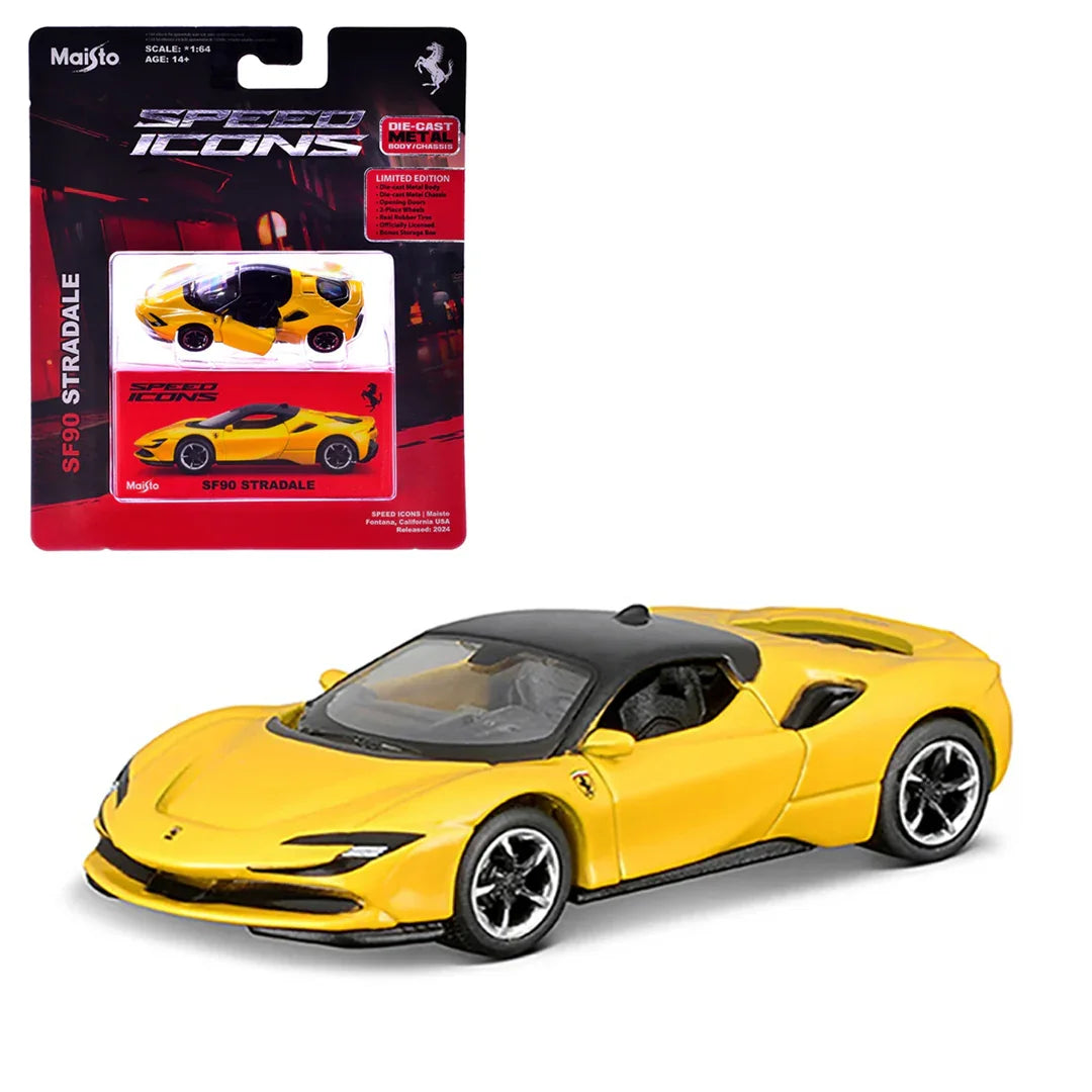 Maisto Ferrari SF90 Stradale Yellow – 1:64 Speed Icons Series | Licensed Die‑Cast Supercar Model - Jaiman Toys
