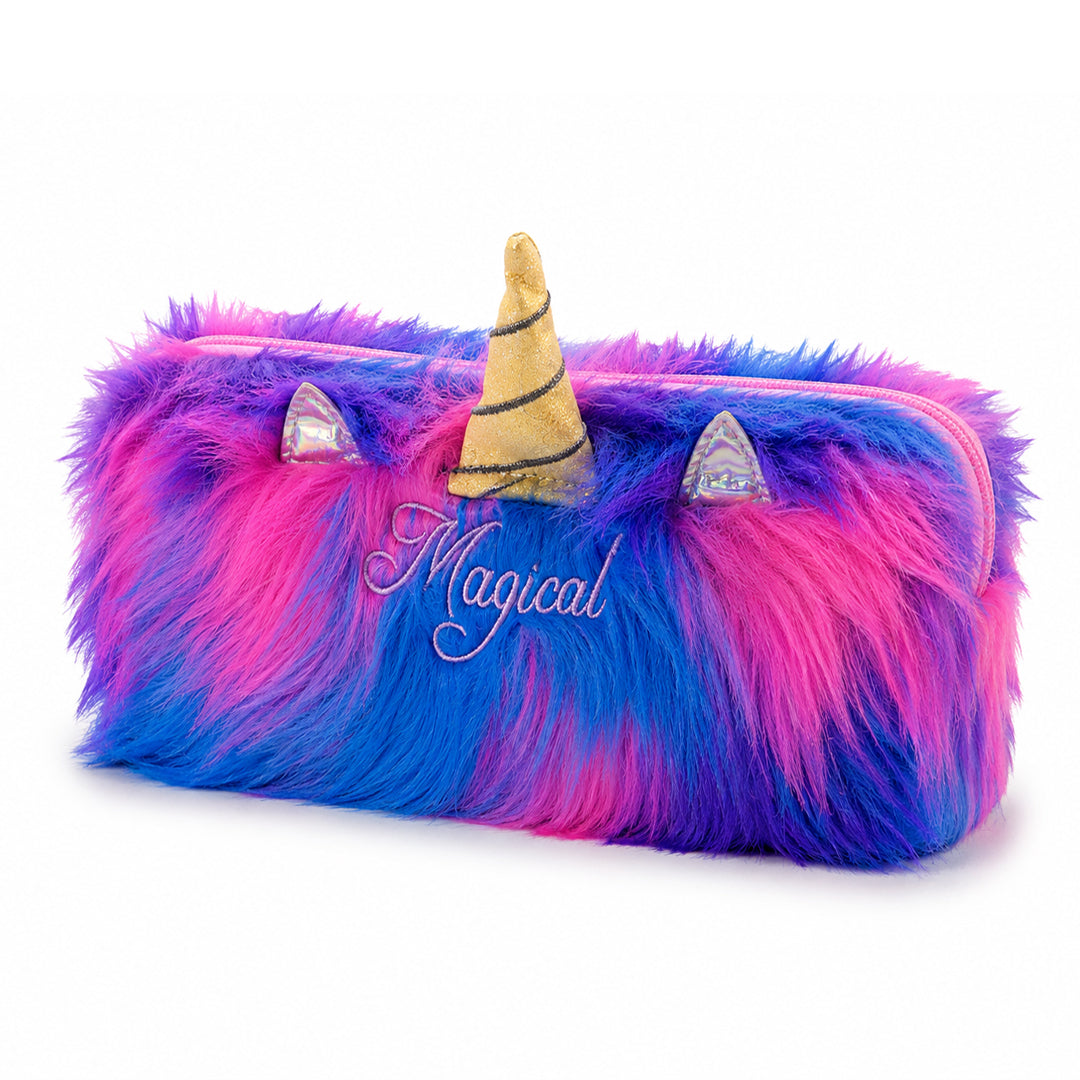 Magical Unicorn Fur Pencil Case – Blue & Pink Plush Furry Unicorn Stationery Pouch with Zipper