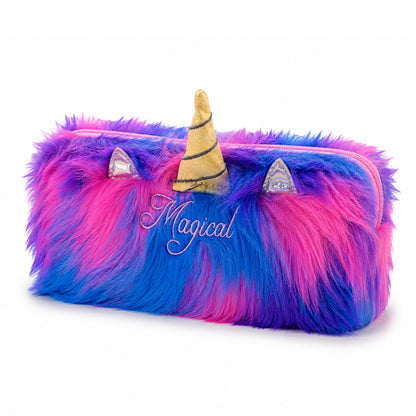 Magical Unicorn Fur Pencil Case – Blue & Pink Plush Furry Unicorn Stationery Pouch with Zipper