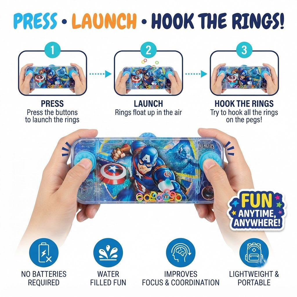 Captain America Mini Water Ring Toss Game 15 × 7 cm – Push-Button Pocket Game for Kids