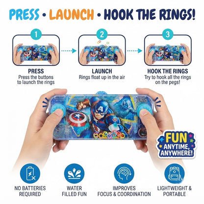 Captain America Mini Water Ring Toss Game 15 × 7 cm – Push-Button Pocket Game for Kids