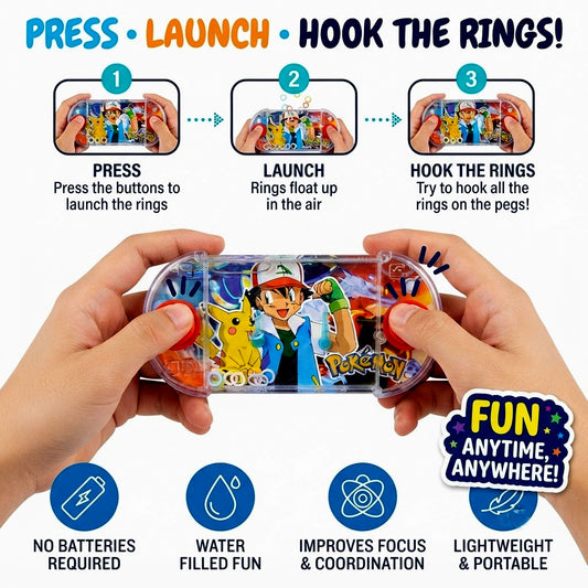 Pokemon Mini Water Ring Toss Game 14 × 7 cm, Push-Button Pocket Game for Kids, Portable Handheld Skill Toy