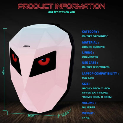 Hookaba Eye Rover LED Biker Backpack – Hard Shell, Waterproof, 15.6” Laptop - Pink - Jaiman Toys