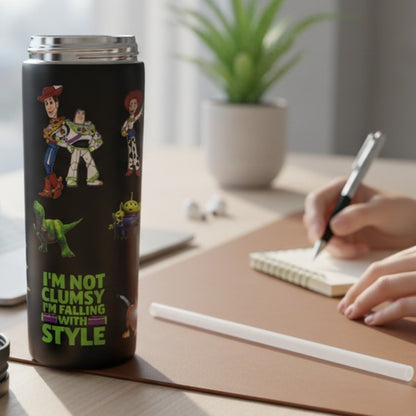 Disney Toy Story 800ml Kids Water Bottle with Straw & Drinking Spout | Insulated Reusable Sipper Bottle with Carry Handle | Black Character Print Bottle