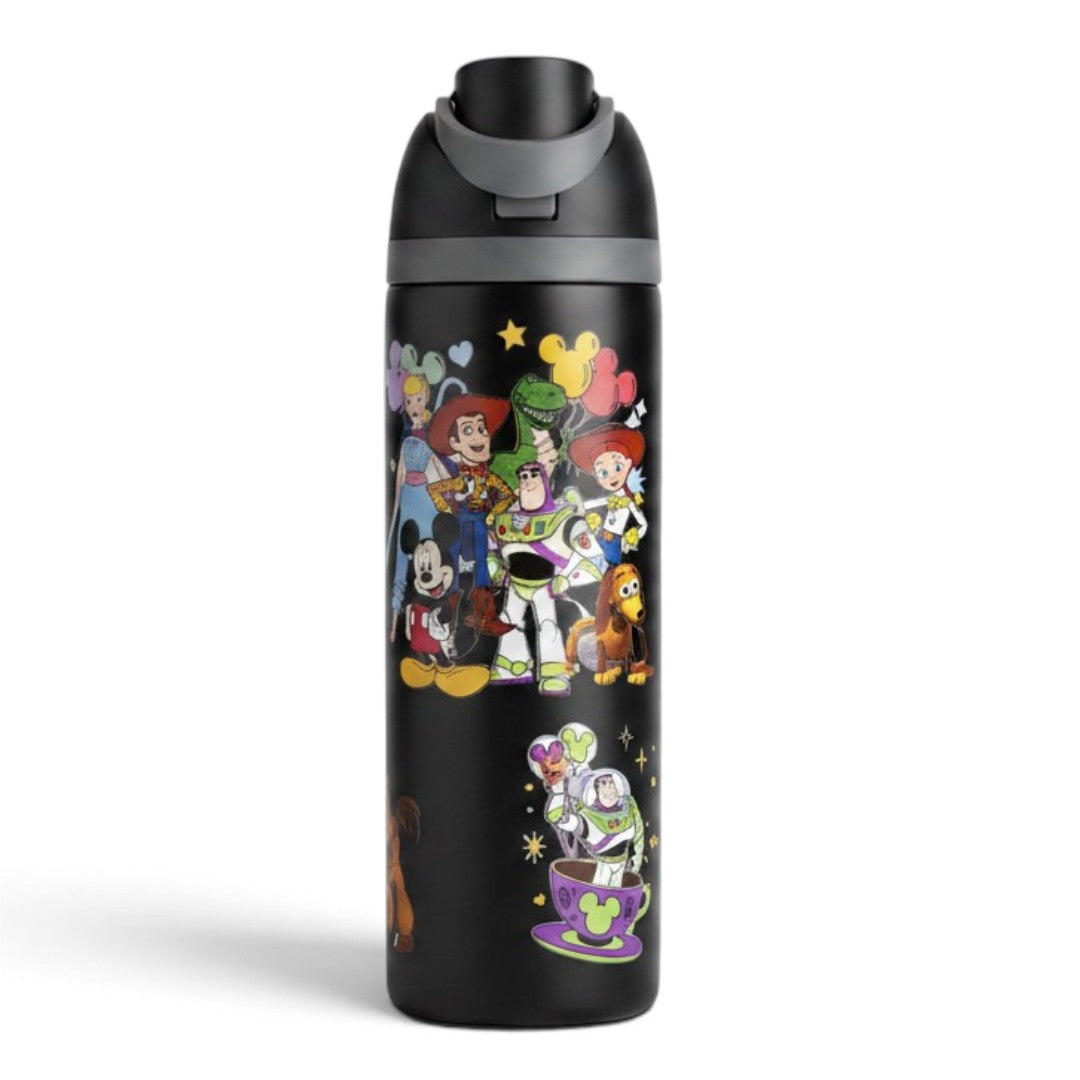 Disney Toy Story 800ml Kids Water Bottle with Straw & Drinking Spout | Insulated Reusable Sipper Bottle with Carry Handle | Black Character Print Bottle