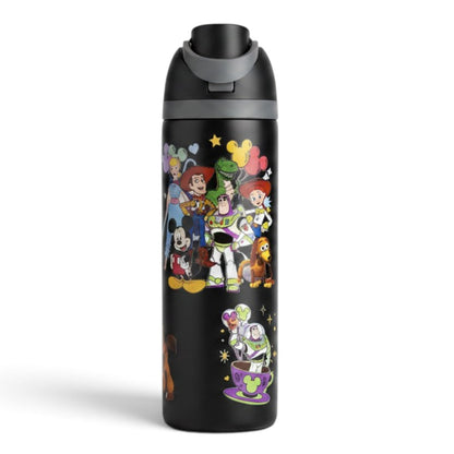 Disney Toy Story 800ml Kids Water Bottle with Straw & Drinking Spout | Insulated Reusable Sipper Bottle with Carry Handle | Black Character Print Bottle