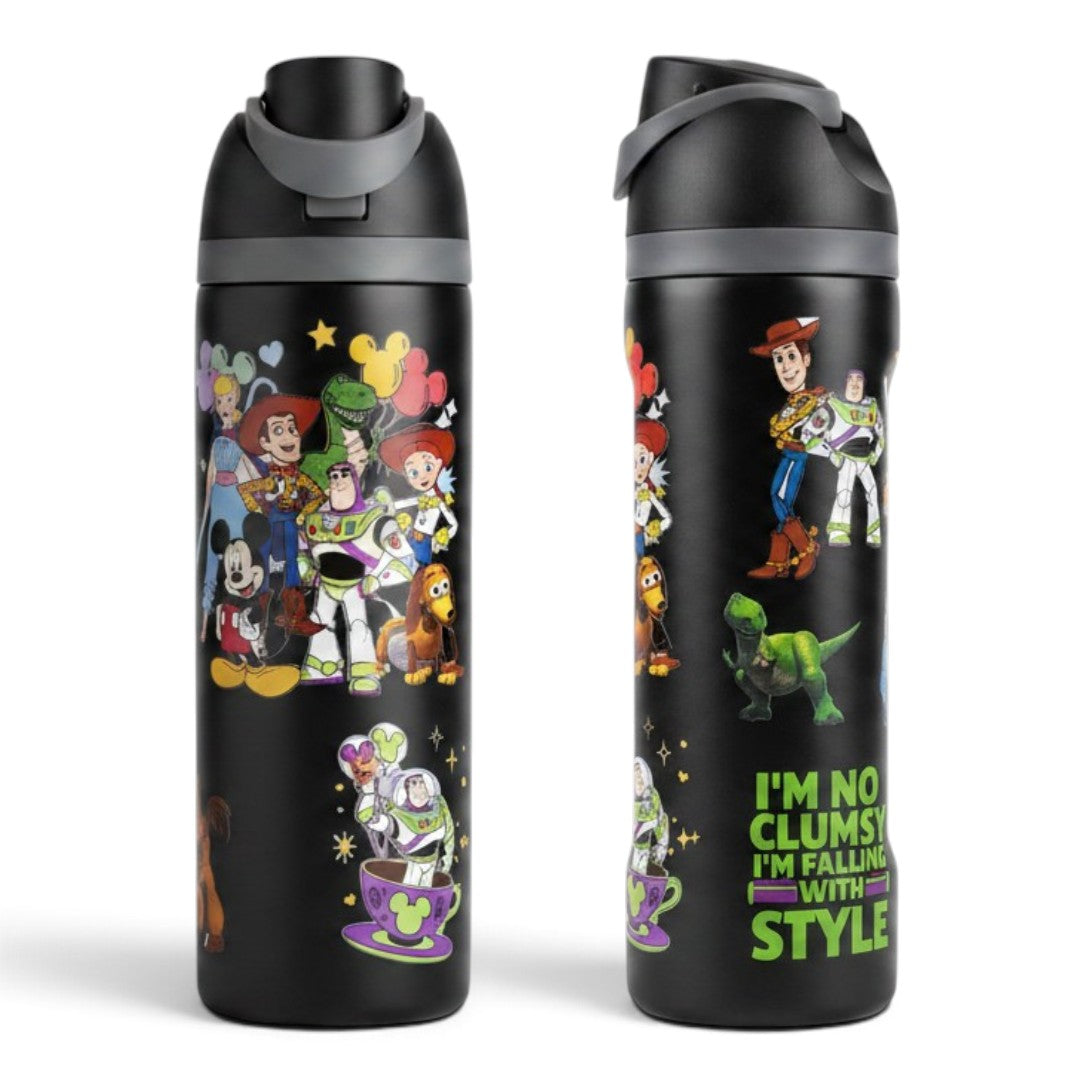 Disney Toy Story 800ml Kids Water Bottle with Straw & Drinking Spout | Insulated Reusable Sipper Bottle with Carry Handle | Black Character Print Bottle
