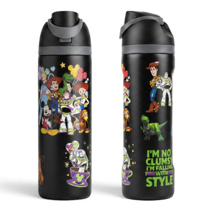 Disney Toy Story 800ml Kids Water Bottle with Straw & Drinking Spout | Insulated Reusable Sipper Bottle with Carry Handle | Black Character Print Bottle