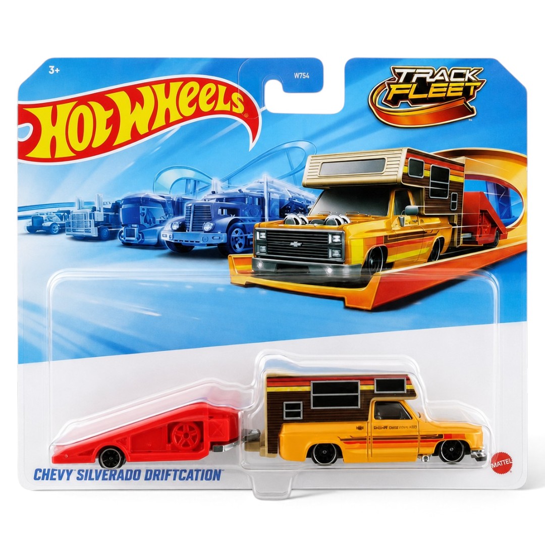 Hot Wheels Track Fleet Chevy Silverado Driftcation HYT56 | Chevrolet Pickup Camper with Drift Trailer | Die-Cast Vehicle for Kids 3+
