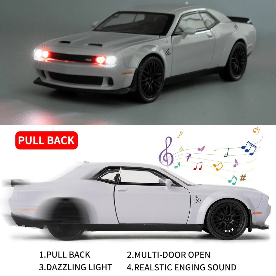 1:32 Dodge Challenger Hellcat Diecast Model Car – Pull Back Zinc Alloy Toy with Sound & Light (Gray) - Jaiman Toys