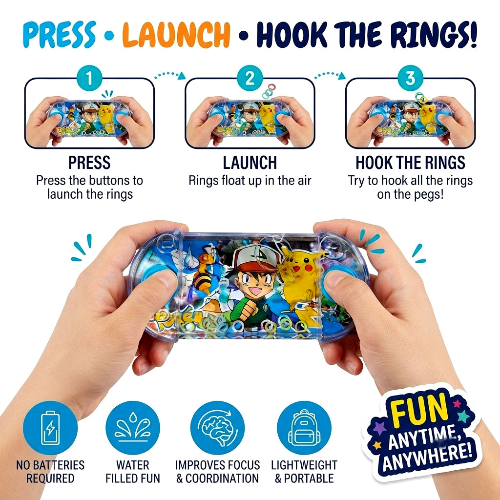 Pokemon Mini Water Ring Toss Game 14 × 7 cm, Push-Button Pocket Game for Kids, Portable Handheld Skill Toy