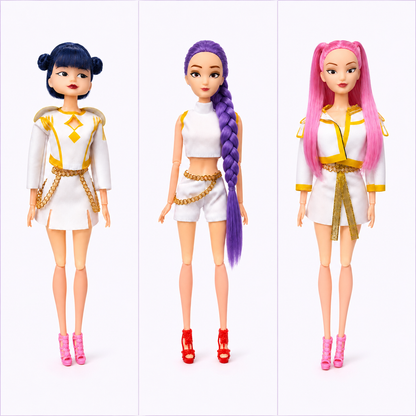 K-Pop Demon Hunters Inspired Fashion Doll Set of 3 | Colourful Hair Dolls with White Outfits & Accessories | 12Inch Pretend Play Dolls for Kids 3+ Years