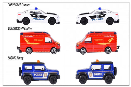 Majorette 1:64 Scale S.O.S. Cars 3-Piece Die-Cast Emergency Vehicle Set – Fire Brigade Van, Police SUV & Police Sports Car, Ages 3+