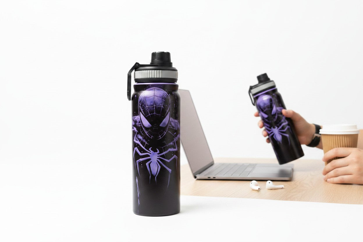 Spider-Man Shadow Web 800ml Stainless Steel Water Bottle with Drinking Spout, Carry Handle & Removable Lid for Kids