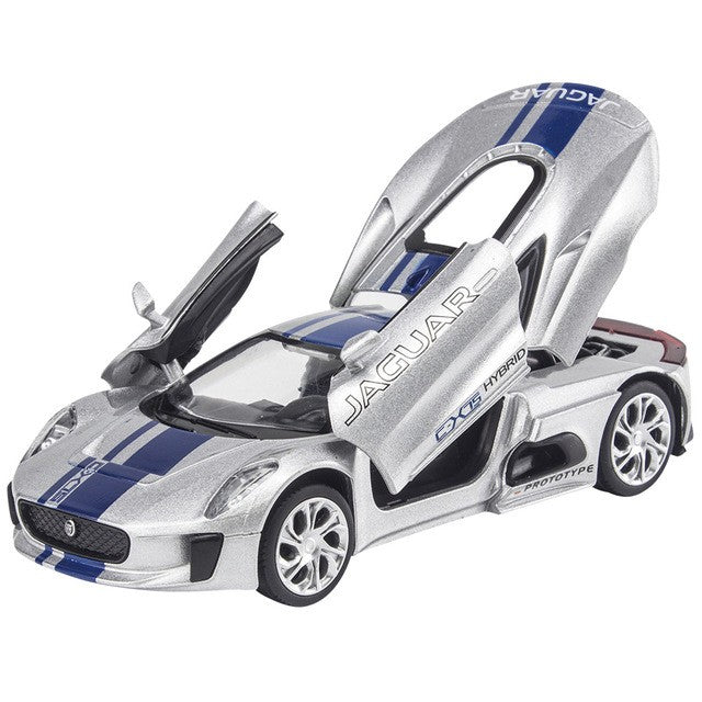 MSZ 1:38 Jaguar C-X75 Silver Livery Die-Cast Model Car with Openable Doors & Pull-Back Action | Street Series
