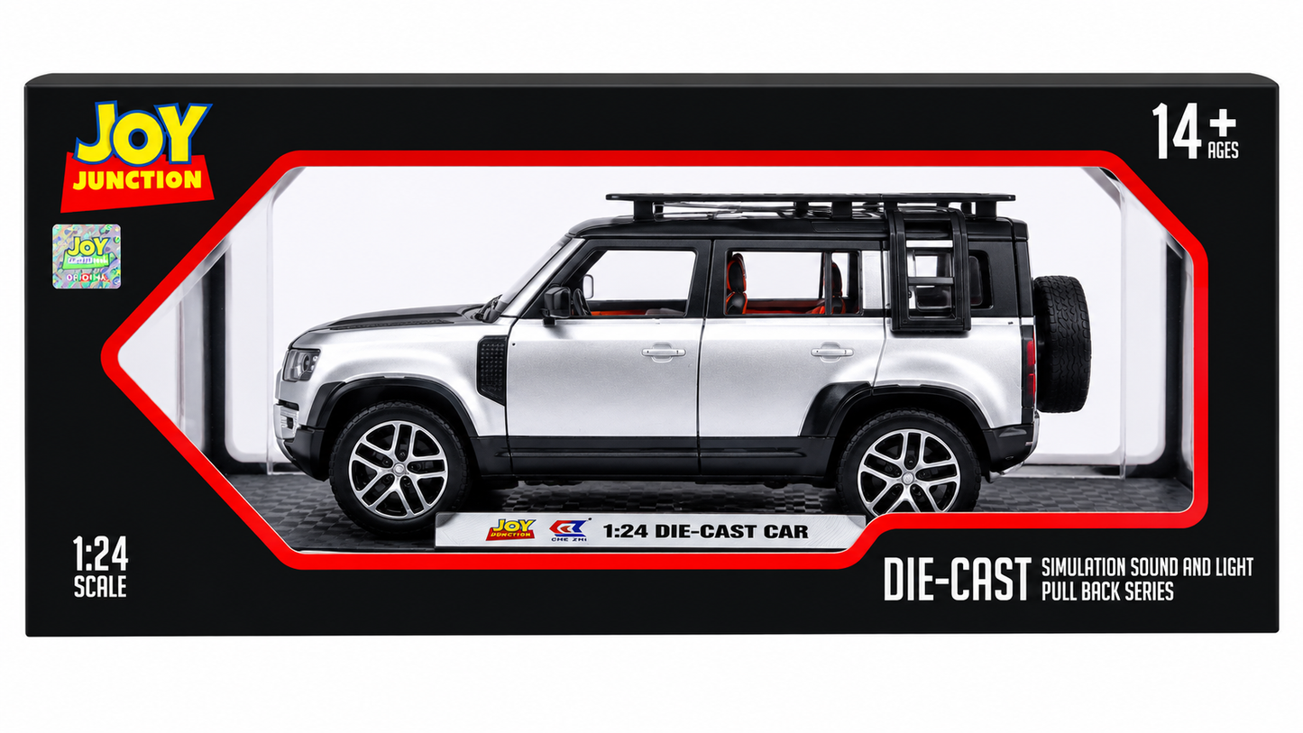 Joy Junction 1:24 Scale Defender SUV Die-Cast Model Car with Sound & Light – Pull Back Metal Off-Road Vehicle Toy (Silver)