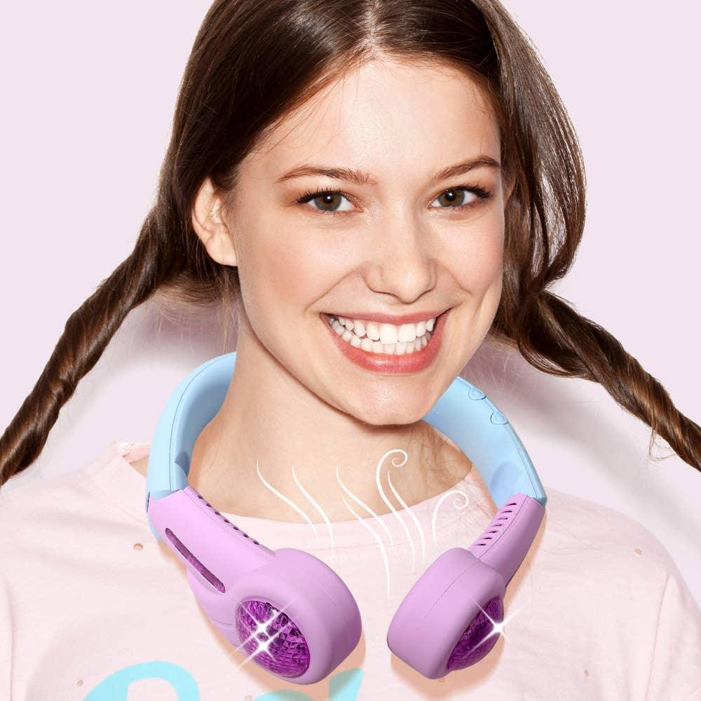 Portable Bladeless Neck Fan – 5-Speed Adjustable Cooling Fan with 400mAh Battery, USB Rechargeable, Quiet Hands-Free Airflow for Outdoor, Travel & Home (Blue/Purple)