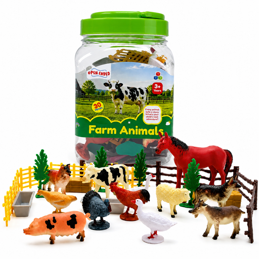 Open-Ended Farm Animals Playset - 30 Pieces | Realistic Farm Animal Figures with Barn Accessories | Educational Pretend Play Toy for Kids 3+ Years